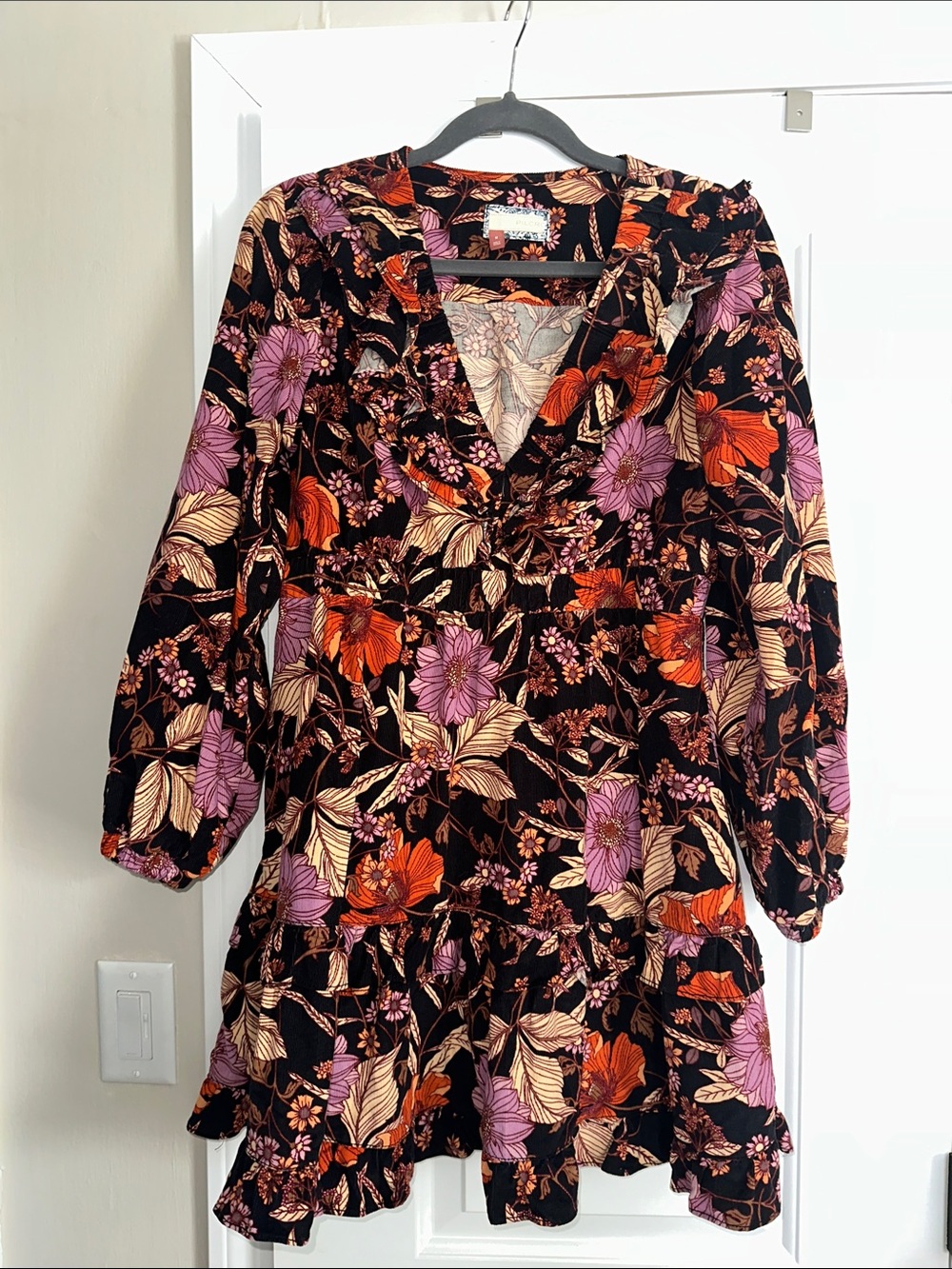 Pilcro Floral V-Neck Tiered Mini Dress - Black with Purple & Orange Floral